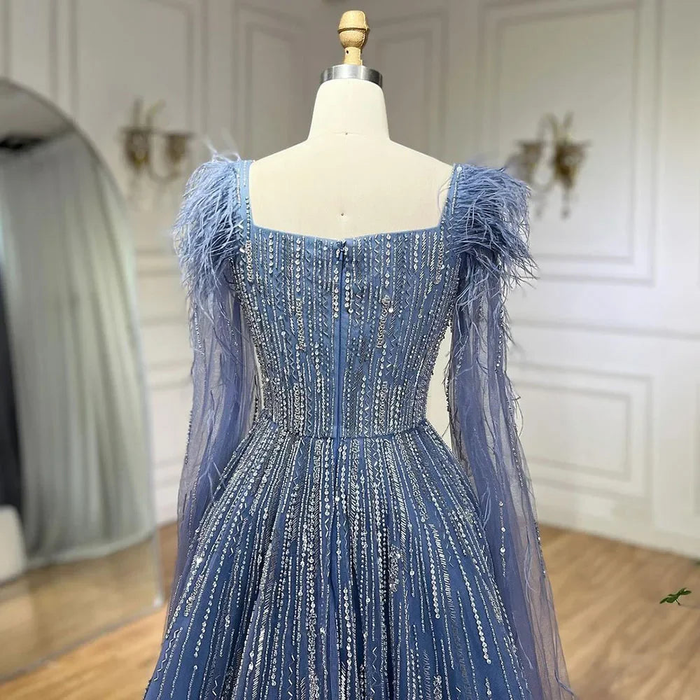 Serene Hill Luxury Dubai A Line Blue Cape Sleeves Feathers Beaded Evening Dresses Gowns 2023 For Women Wedding Party BLA72236