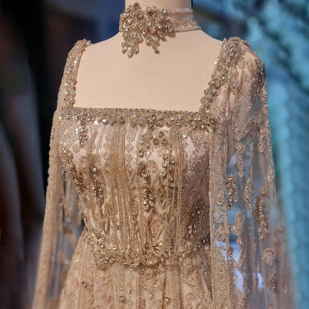Serene Hill 2024 Arabic Nude A Line Cape Sleeve Crystal Beaded Luxury Saudi Evening Dresses Gowns For Formal Occasion LA72764