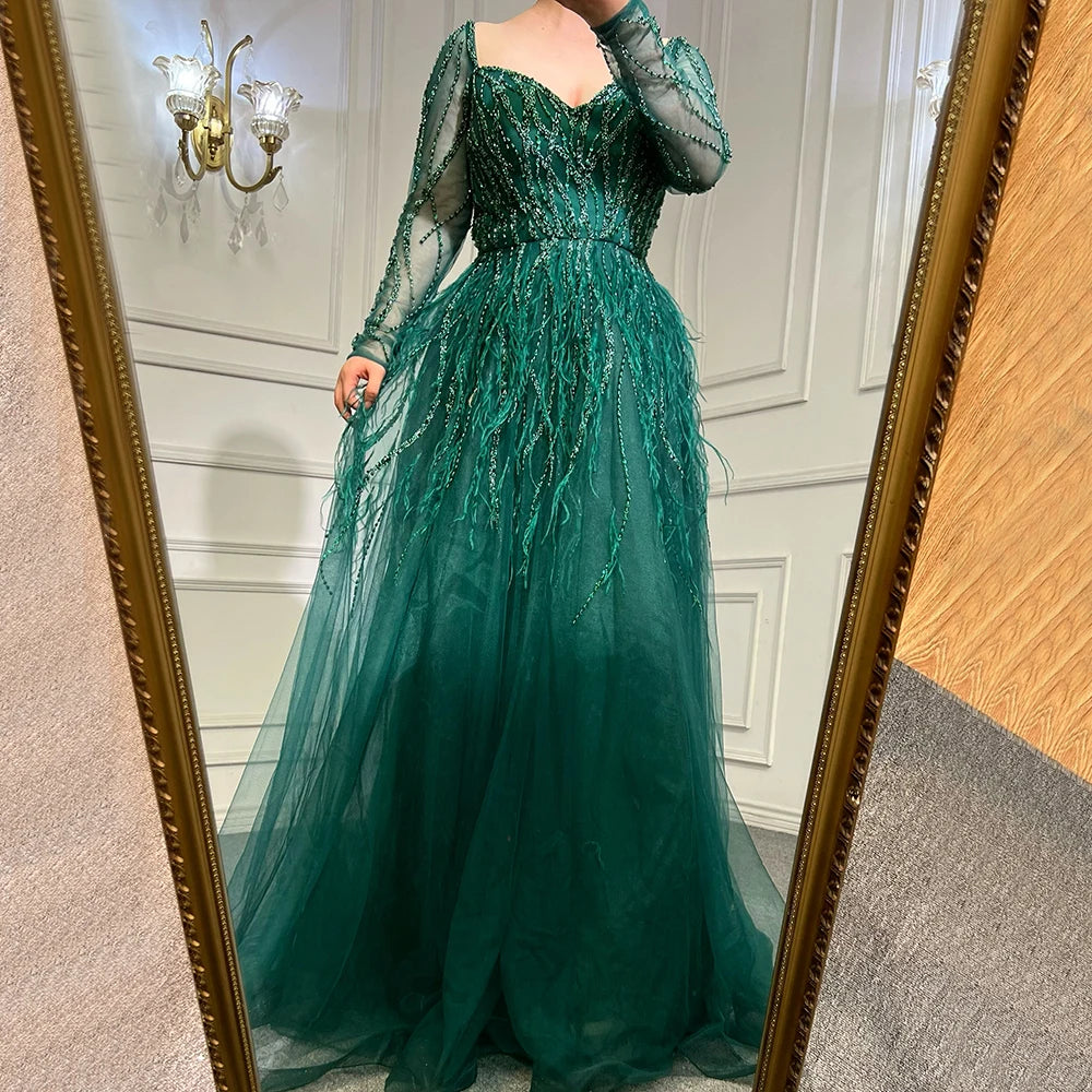 Serene Hill Arabic Red Elegant A Line For Women Long Sleeves Evening Dress Luxury Beaded Handmade Feathers 2024 LA71468