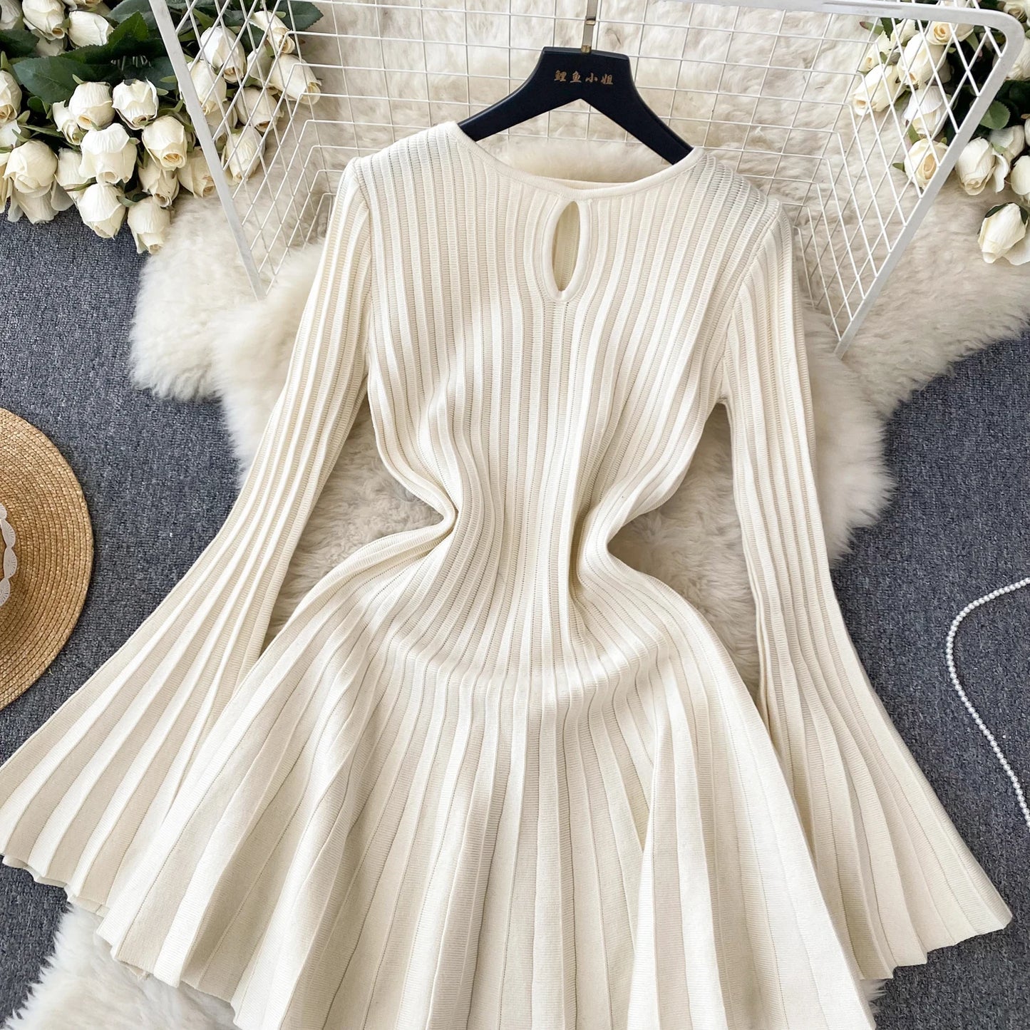 Women Chic Elegant O Neck Long Sleeve Dress French Sexy Fashion Knit Elastic Slim A-line Mini Dress