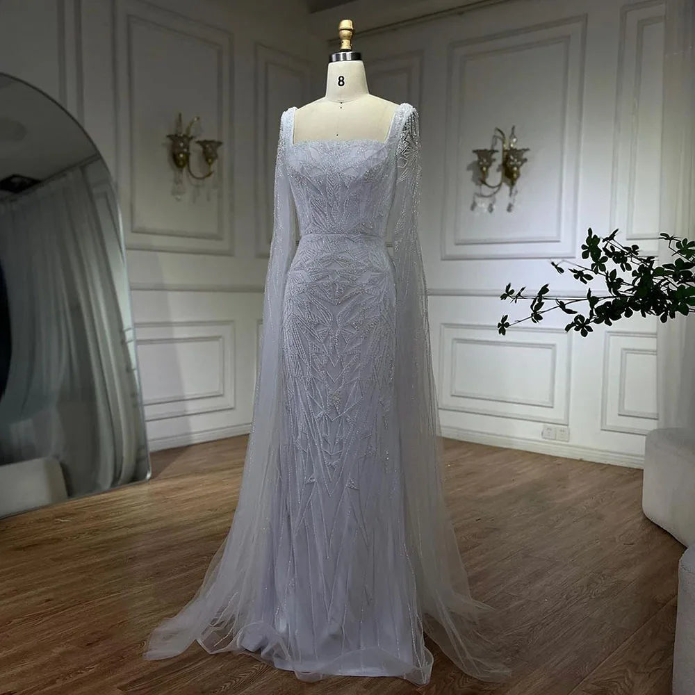 SERENE HILL 2024 Arabic Nude Cape Sleeves Mermaid Dubai Evening Dresses Beaded Luxury Wedding Party Gowns For Women GLA72261