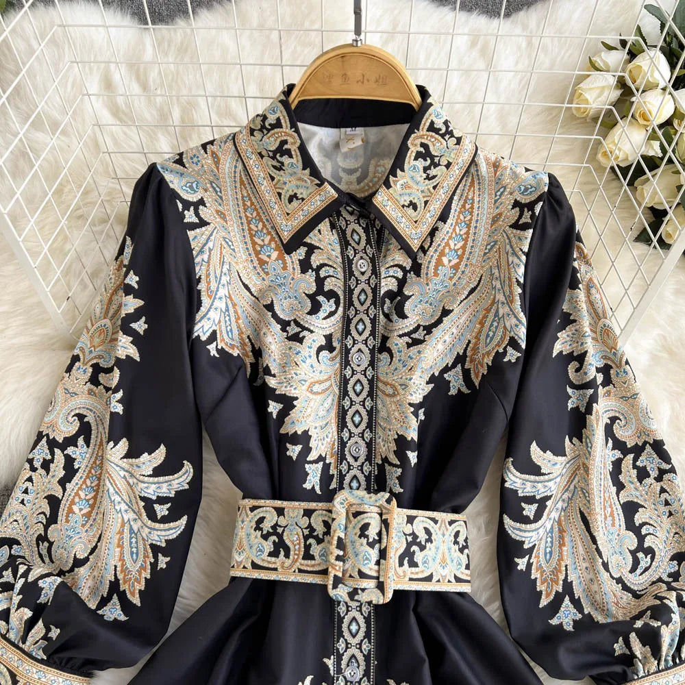Retro Printed Party Dress Women Polo Collar Long Sleeve Elegant Long Dresses Spring Autumn French Single Breasted Shirt Dress