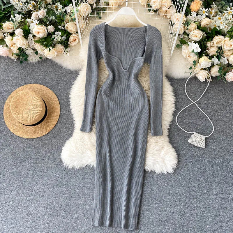 Women Long Sleeve Sexy Bodycon Dress with slit Vintage French Fashion Knit v neck Vestidos Basic Tight Elegant Slim Chic Dresses