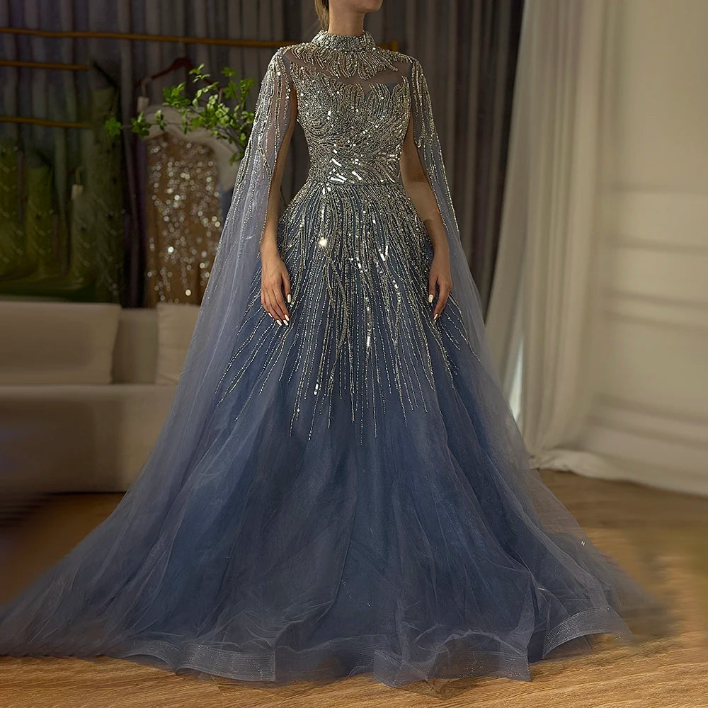 Serene Hill Caramel Luxury Evening Dresses with Cape Sleeves A-Line Beaded Lace Gown For Women's Wedding Party 2024 LA72386