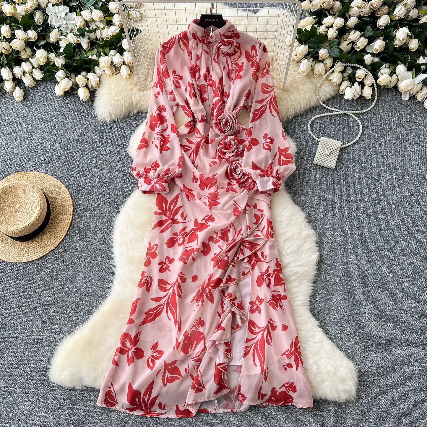 Chic French Sexy Pleated Floral Print Elegant Ruffle Dress Vintage Split Slim High Street Evening Women Autumn Winter Clothing
