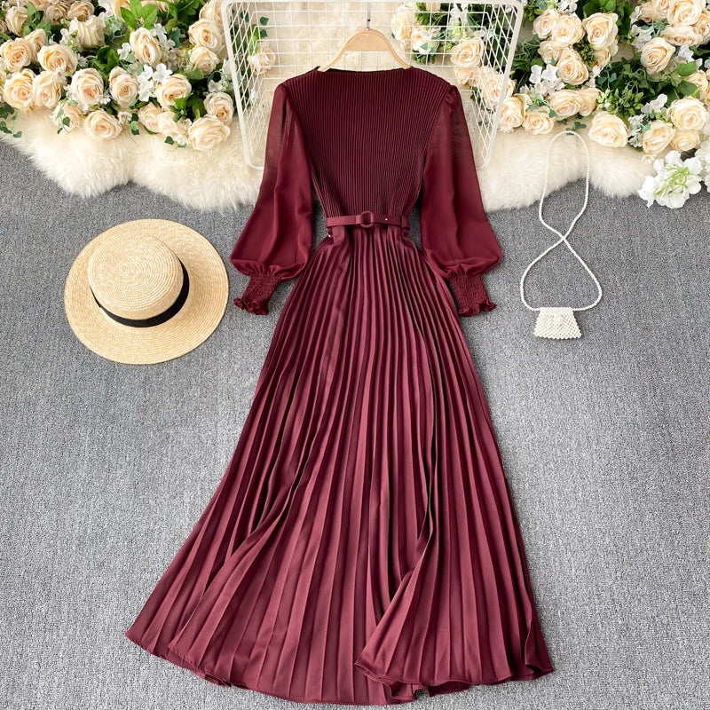 Chic Pleated Elegant Puff Sleeve Dress A-line Chiffon High Waist Belt Beach Vacation Party Dress Women Summer Spring Vestidos