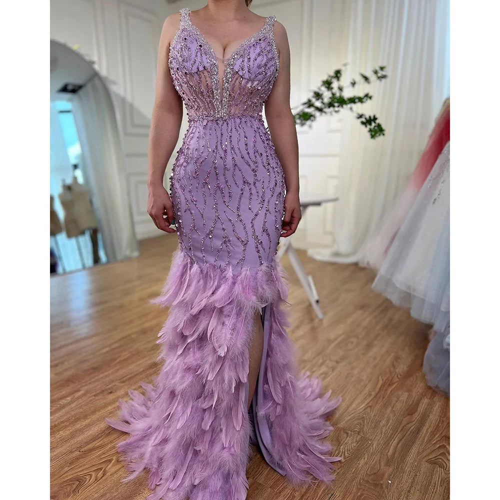 Serene Hill Pink Mermaid High Split Luxury Evening Dresses Feather Beaded Gowns Long 2024 For Women Wedding Party LA72152