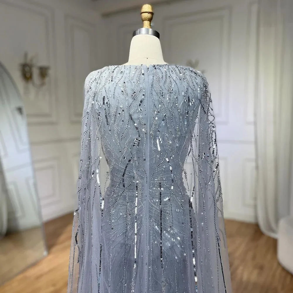 SERENE HILL 2024 Arabic Silver Mermaid Cape Sleeves Luxury Beaded Evening Dresses Formal Long Gowns Women Wedding Party GLA72239