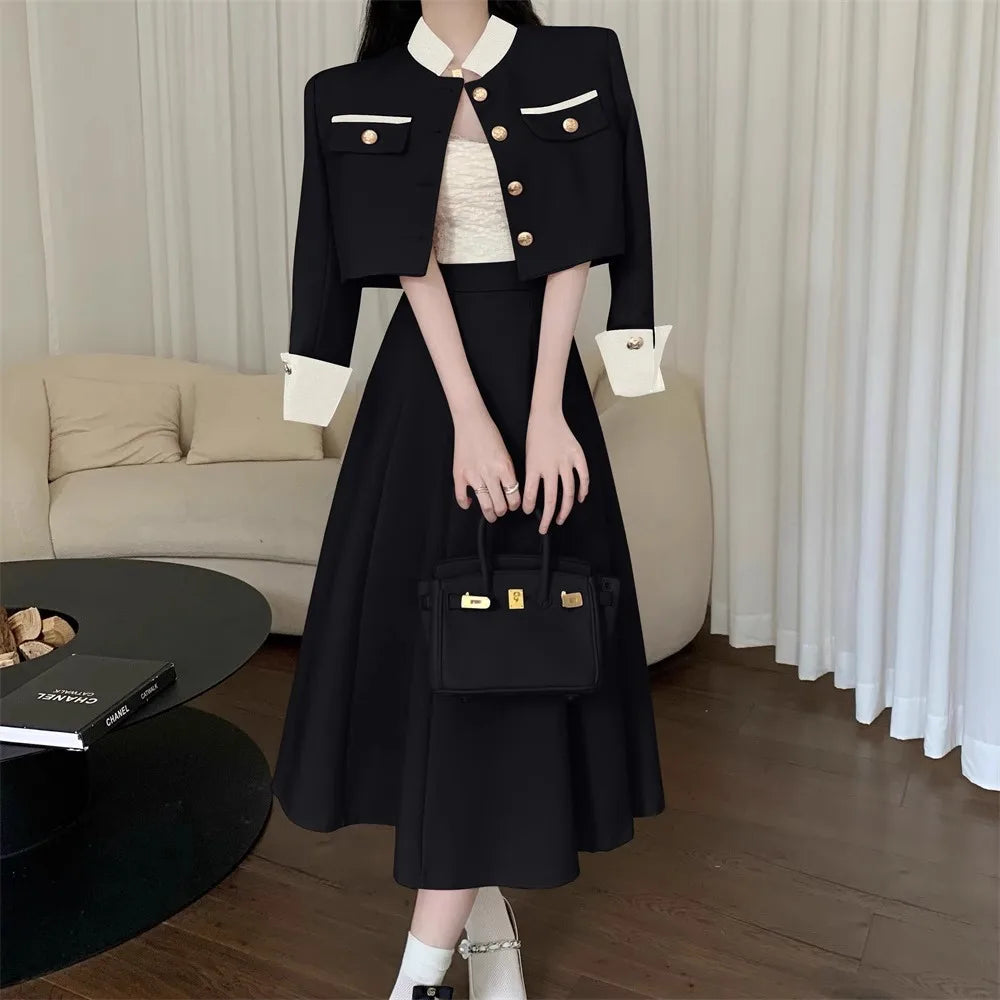 Women’s Elegant Two Piece Set Trendy Chic Sets Single Breasted Cropped Jacket Coat+High Waist Midi A-line Skirts Female Spring