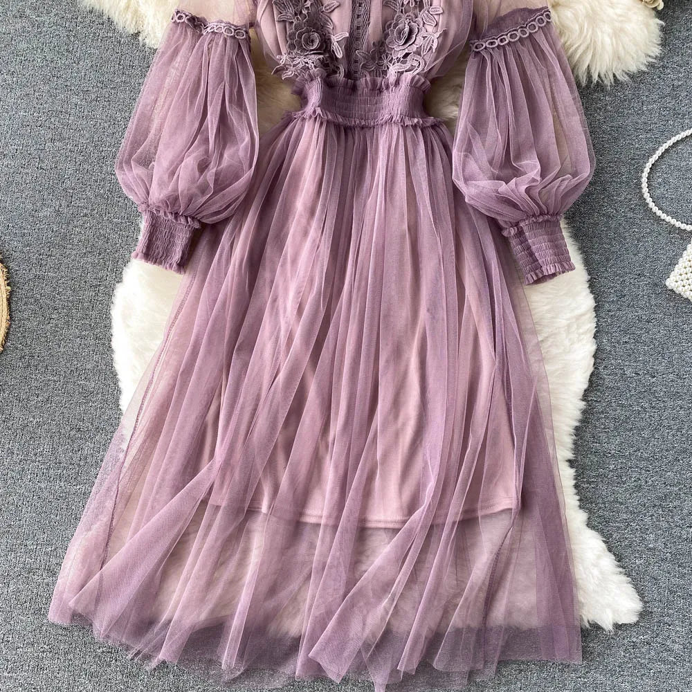 Retro Elegant Mesh Pleated two pieces Dress sets Sexy Fairy puff sleeve Summer Casual Vestidos Slim Women Evening Party Dress