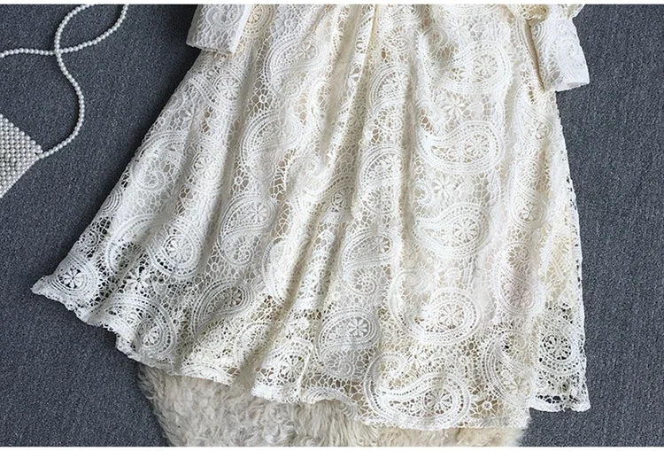 French Vintage Lace Dress Women Elegant Lantern Sleeve Party Long Dress with Belt ladies Slim A-line Spring Autumn Long Robe