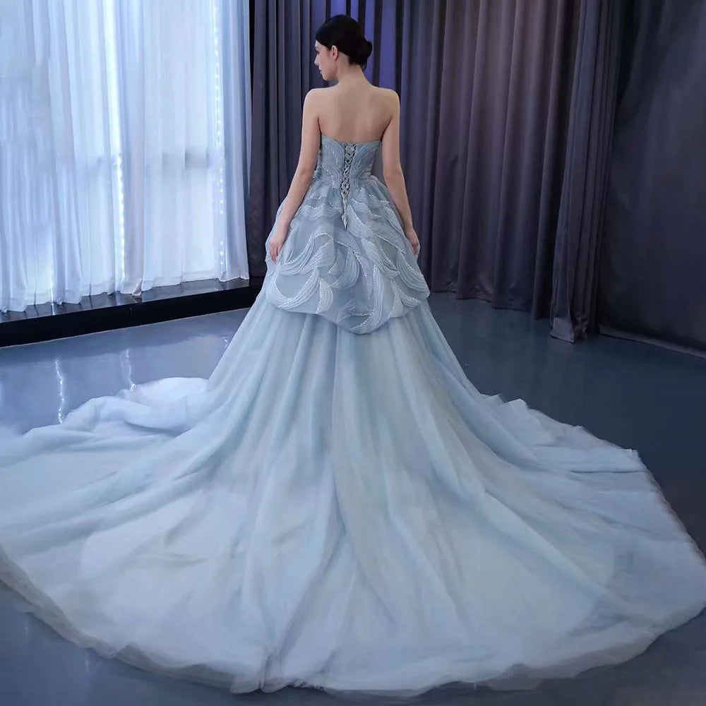 Serene Hill High End Custom Made Gray Blue Strapless Lace Up Beaded Luxury Ball Gown Bride Gowns Wedding Dress HM231064