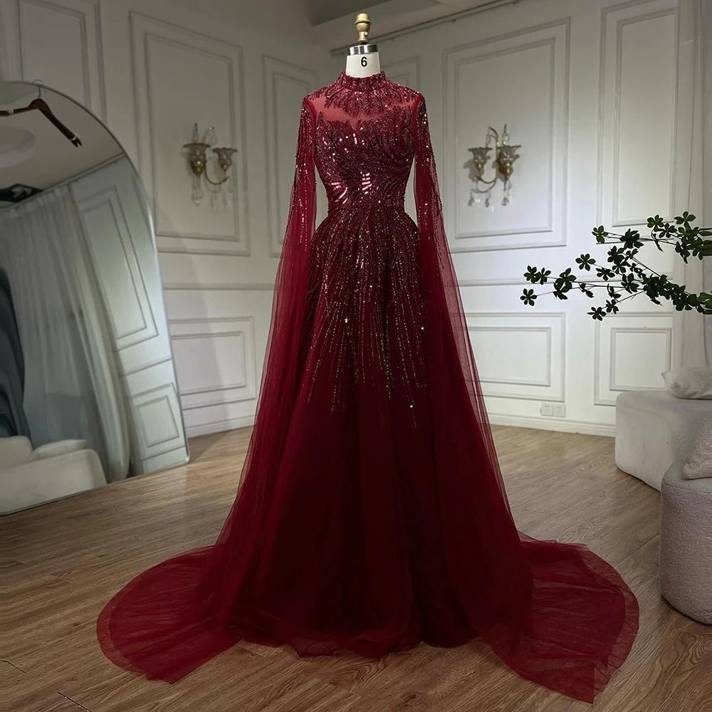 Serene Hill Caramel Luxury Evening Dresses with Cape Sleeves A-Line Beaded Lace Gown For Women's Wedding Party 2024 LA72386