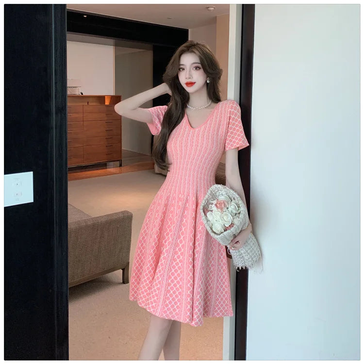 Women's Vintage Pink Knitted Mini Dress Small Fragrance V-Neck Short Sleeve Slim Fit Dresses Elegant Casual Spring Summer Female