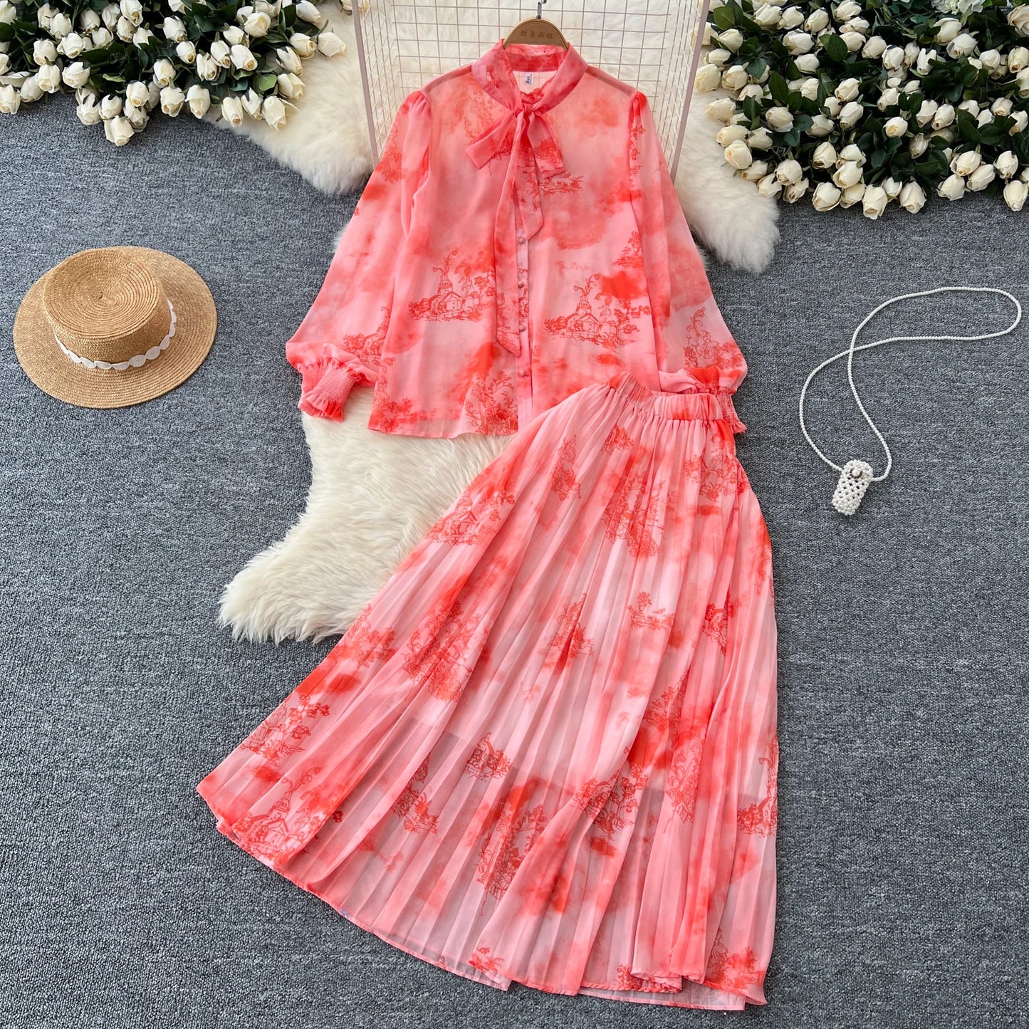Women Chic Print Sweet Two Pieces Sets Bow Lantern Long Sleeve Top High Waitst Wide Skirt Fashion Summer Sets