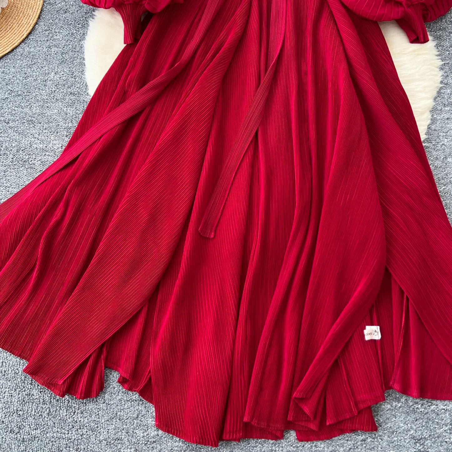 Vintage Elegant Lantern Sleeve Sweet Pleated Dress Women Basics Fashion Summer Spring Dresse