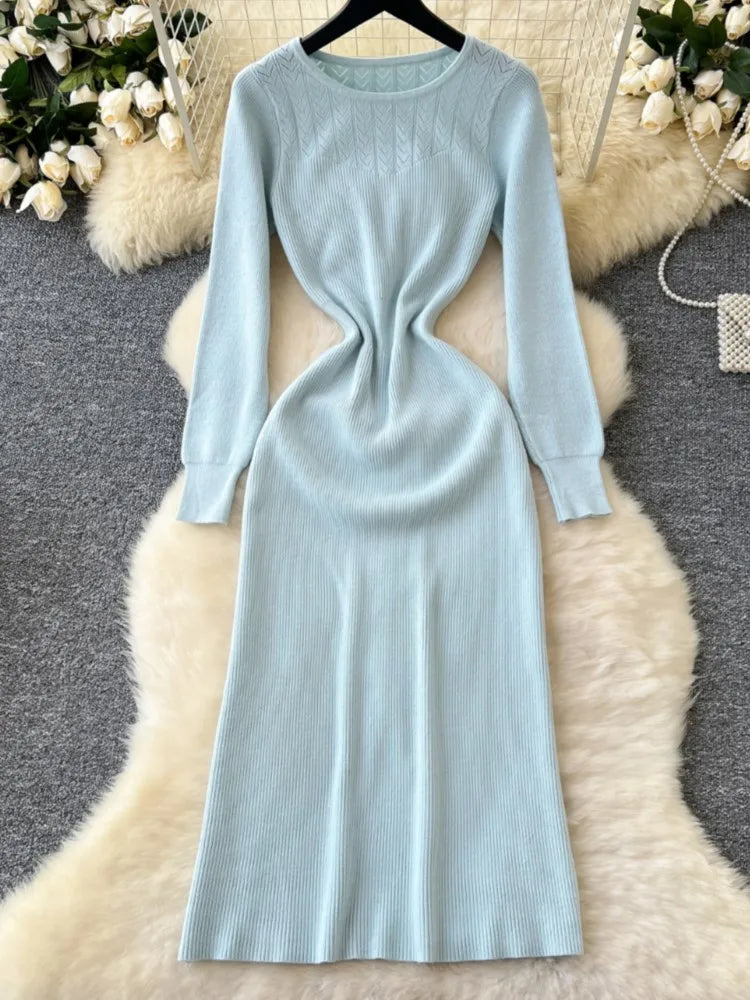 Elegant Solid Knitted Dress for Women Autumn French Vintage O-Neck Long Sleeve Fashion Evening Party Sweater Slim Midi Dresses