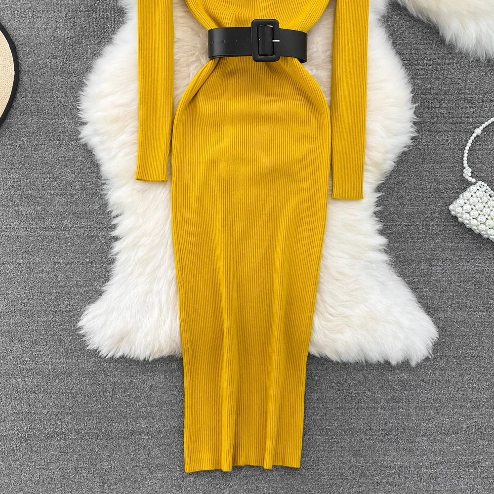 Elegant Turtleneck Long Sleeve Knit Soft Tight Pencil Dress with Belt Slim Fashion Warm Sweater Vestido Sexy Women Winter Robe
