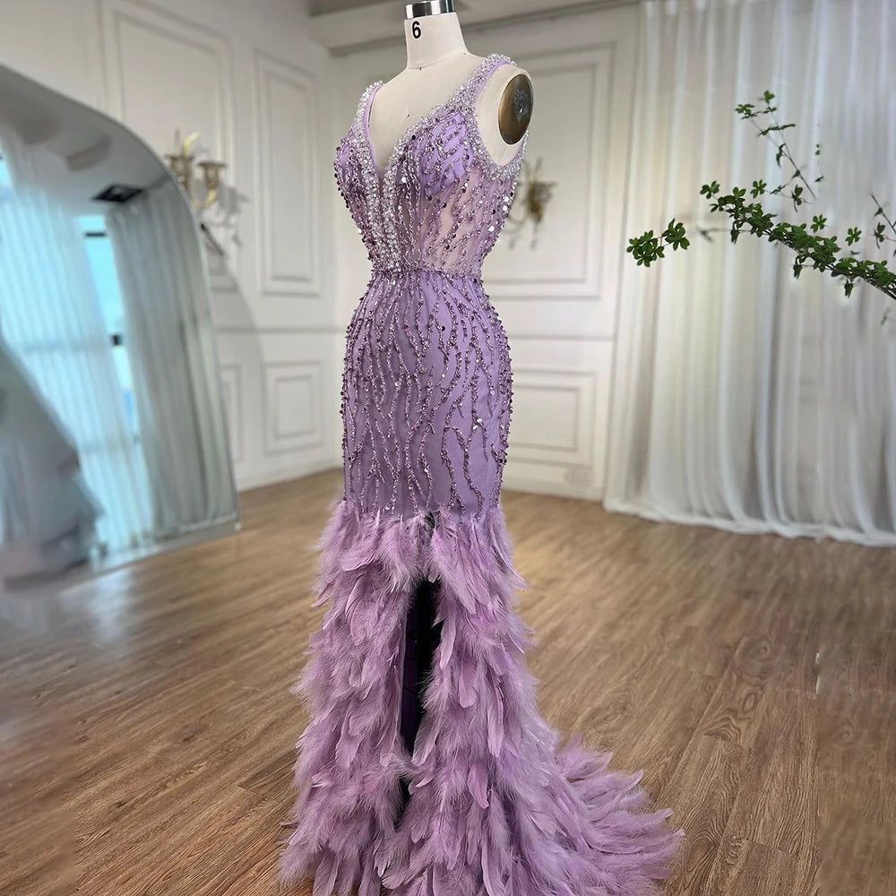 Serene Hill Pink Mermaid High Split Luxury Evening Dresses Feather Beaded Gowns Long 2024 For Women Wedding Party LA72152
