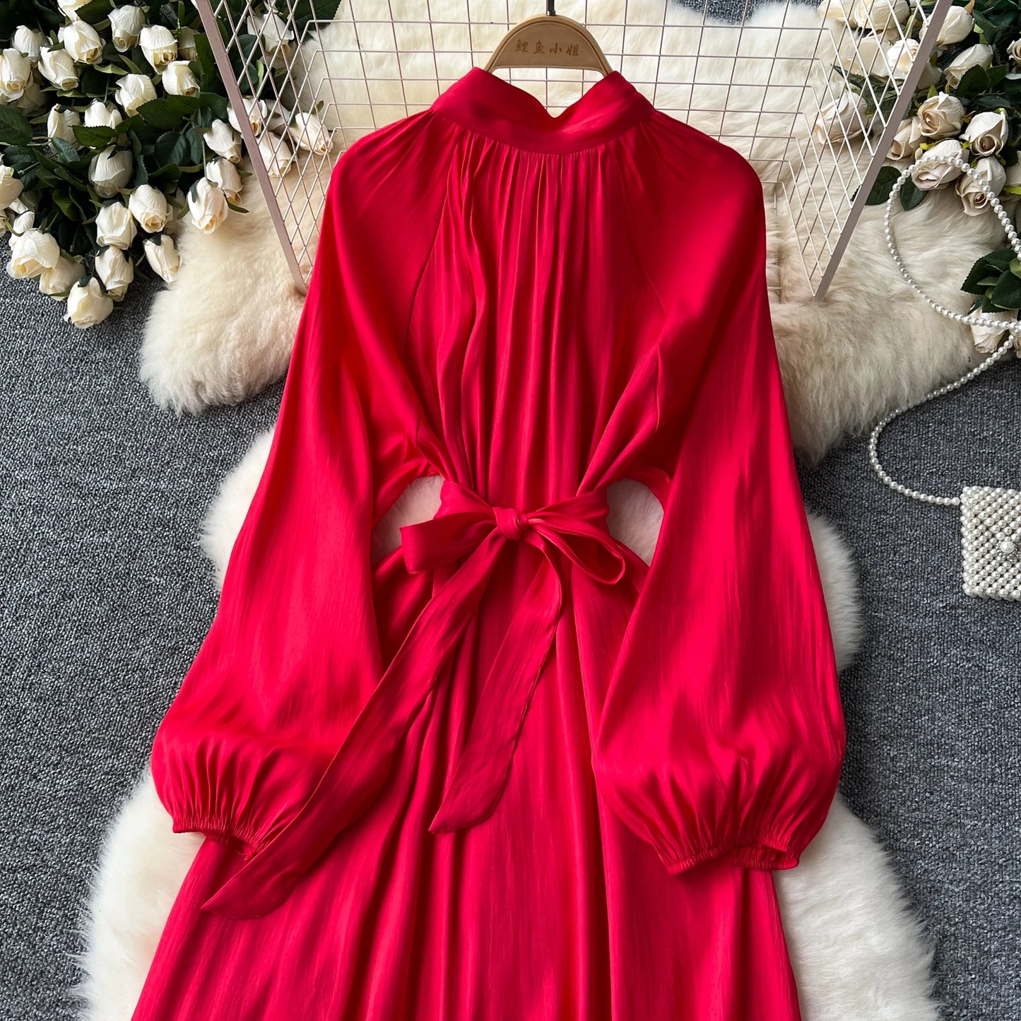 French Vintage Pleated lool sleeve print Lace-up Bow sweet Dress Casual Women Fashion summer dresses