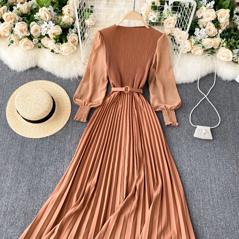 Chic Pleated Elegant Puff Sleeve Dress A-line Chiffon High Waist Belt Beach Vacation Party Dress Women Summer Spring Vestidos