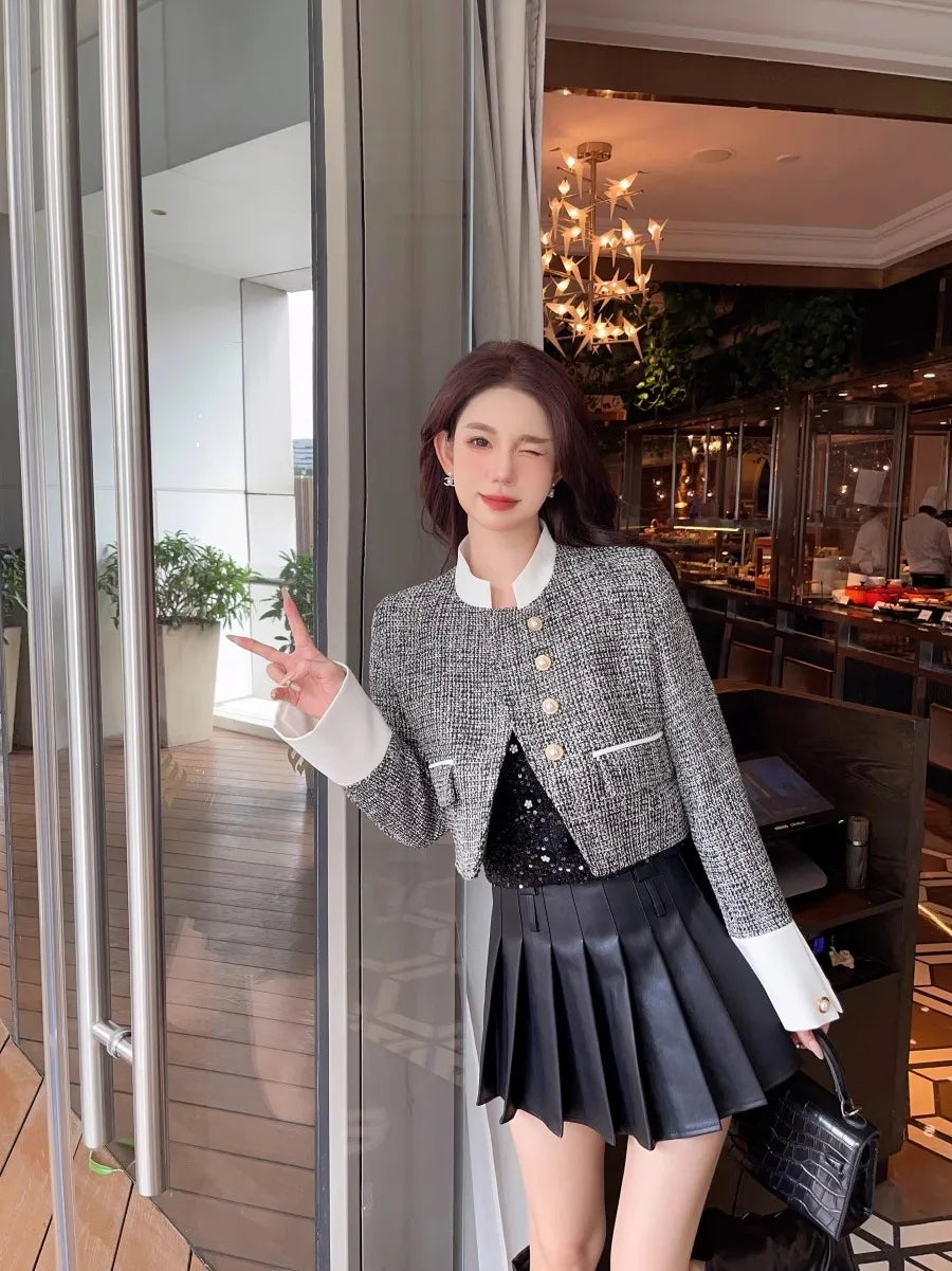 High-end Color Contrast Small Fragrance Equestrian clothing for Women Autumn New Loose and Fashionable Coarse Tweed Short Coat