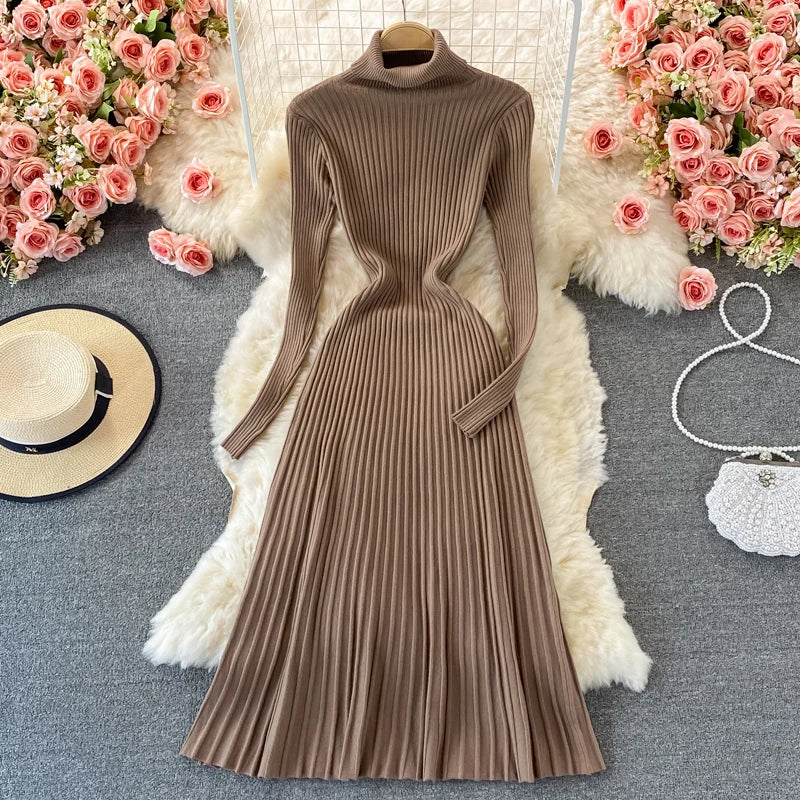 Women Chic Turtleneck Long Sleeve Sexy A-line Sweater Dress Vintage Korean Fashion Knit Vestido Elegant Autumn Winter Knitwear