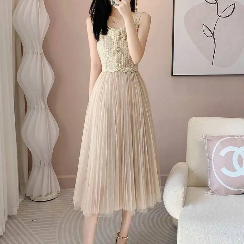 Elegant Small Fragrance Two-Piece for Women's Strap Mesh Midi Dress+Short Thick Tweed Jacket for Women's Spring and Autumn Set