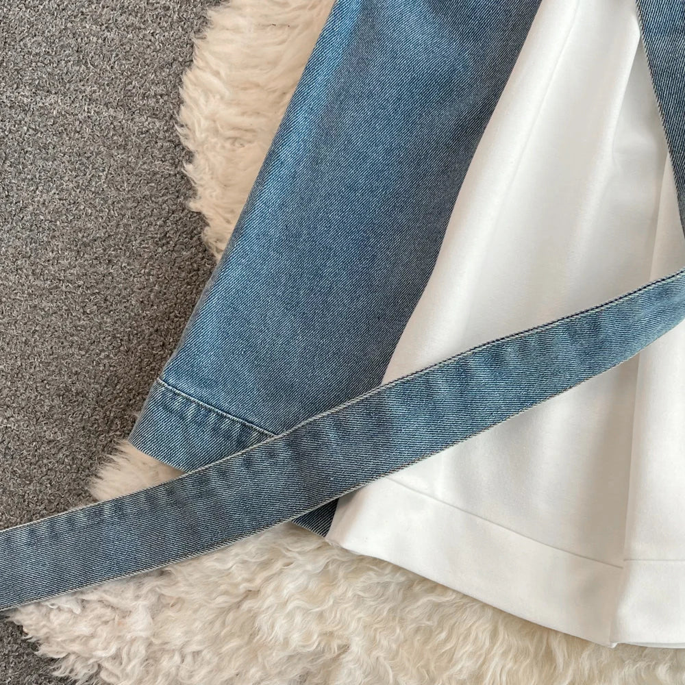 Women Summer Casual T Shirt Short Sleeve Streetwear Patchwork Denim Long Shirts Female O-neck Slim Jeans Tops