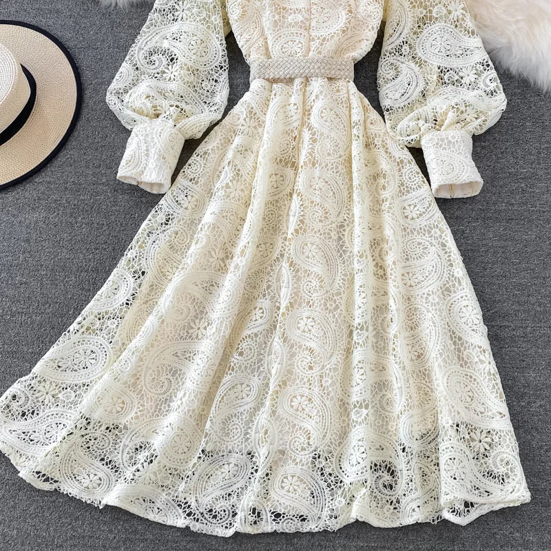 Vintage Court Style Lace Dress Women Elegant Hollowed Out Lantern Long Sleeve Slim Party Dresses Ladies Beige Black Long Robe