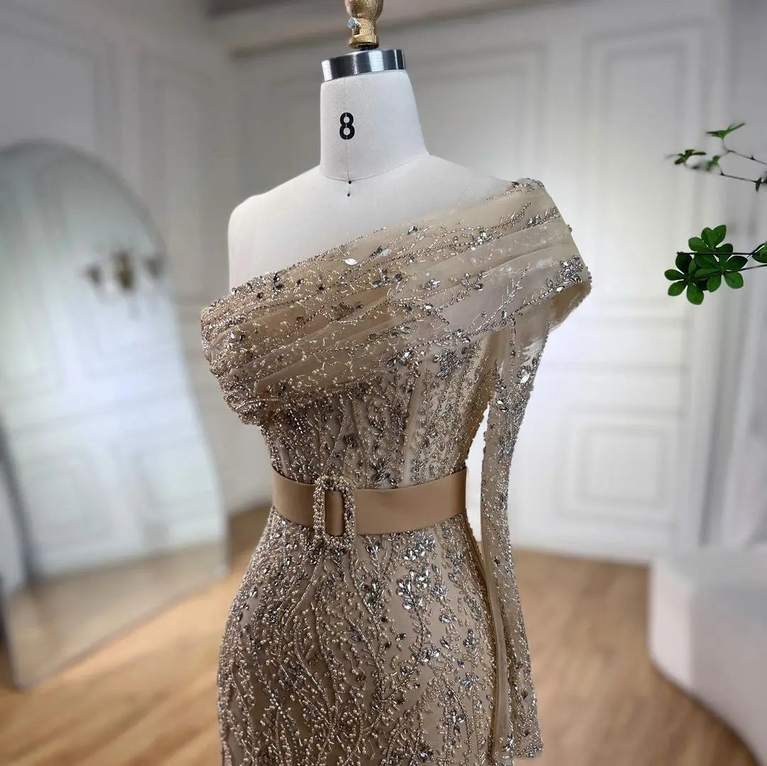 SERENE HILL 2024 Arabic Nude Mermaid One Shoulder Luxury Beaded Evening Party Dresses Formal Gowns For Women Wedding GLA72161