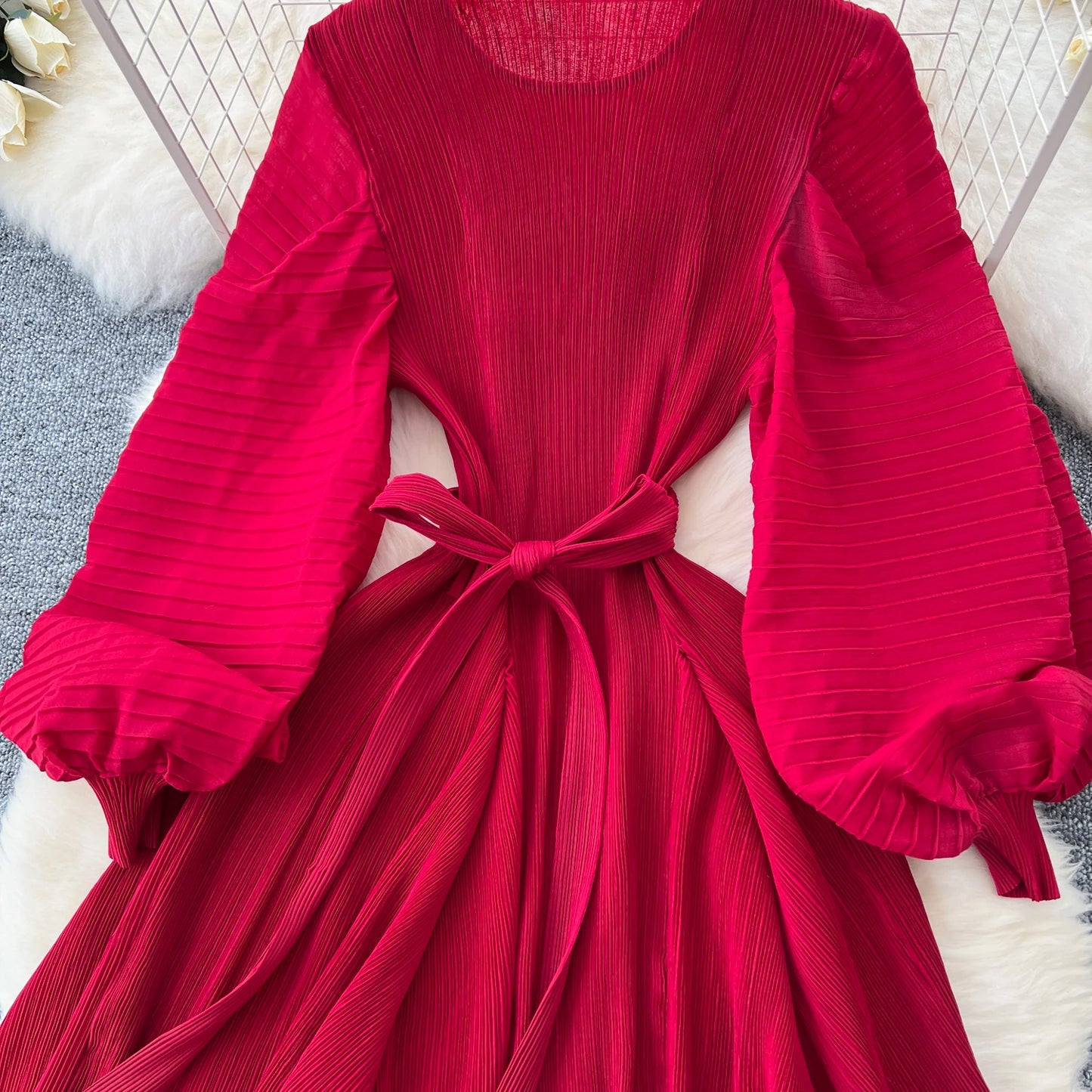 Vintage Elegant Lantern Sleeve Sweet Pleated Dress Women Basics Fashion Summer Spring Dresse