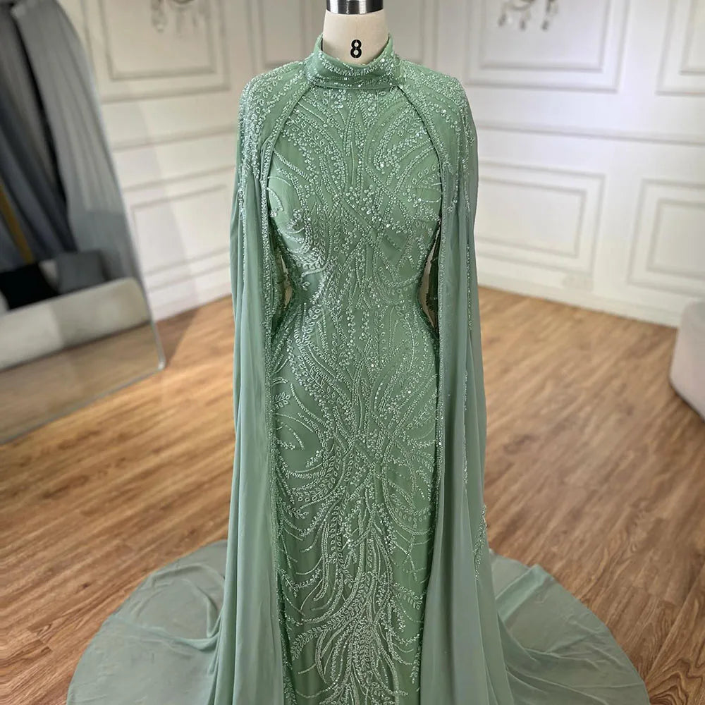 Serene Hill 2024 muslim Sage Green Mermaid Cape Sleeves Beaded Satin Luxury Evening Dresses Gowns for Women Party LA72413