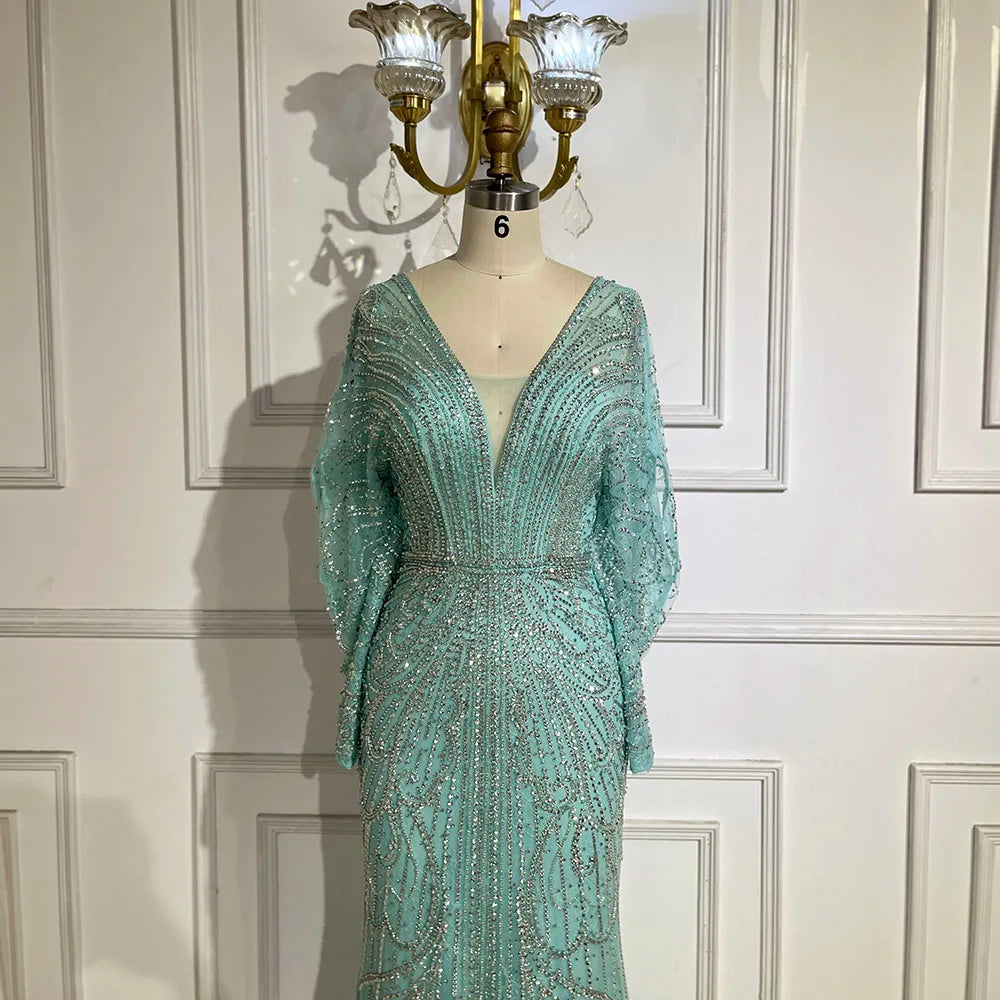 SERENE HILL 2024 Arabic Gold Elegant Mermaid Black Luxury Beaded Evening Dresses Gowns Diamond For Women Wedding Party GLA72288A