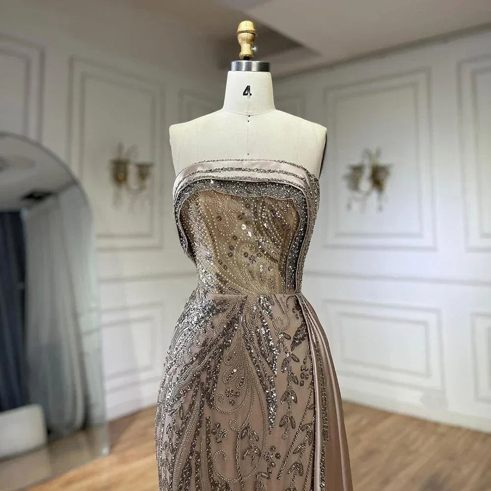 Serene Hill 2024 Arabic Nude Strapless Satin Mermaid Beaded Luxury Dubai Evening Gown with Side Skirt for Women's Party BLA72665