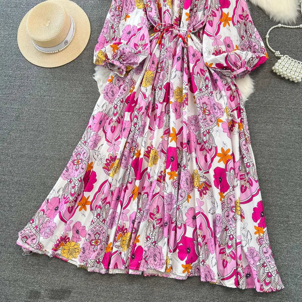 Elegant Women Casual Floral Print Party Dress Vintage Lantern Sleeve A-Line Pleated Prom Birthday Clothes Female Fashion Robe
