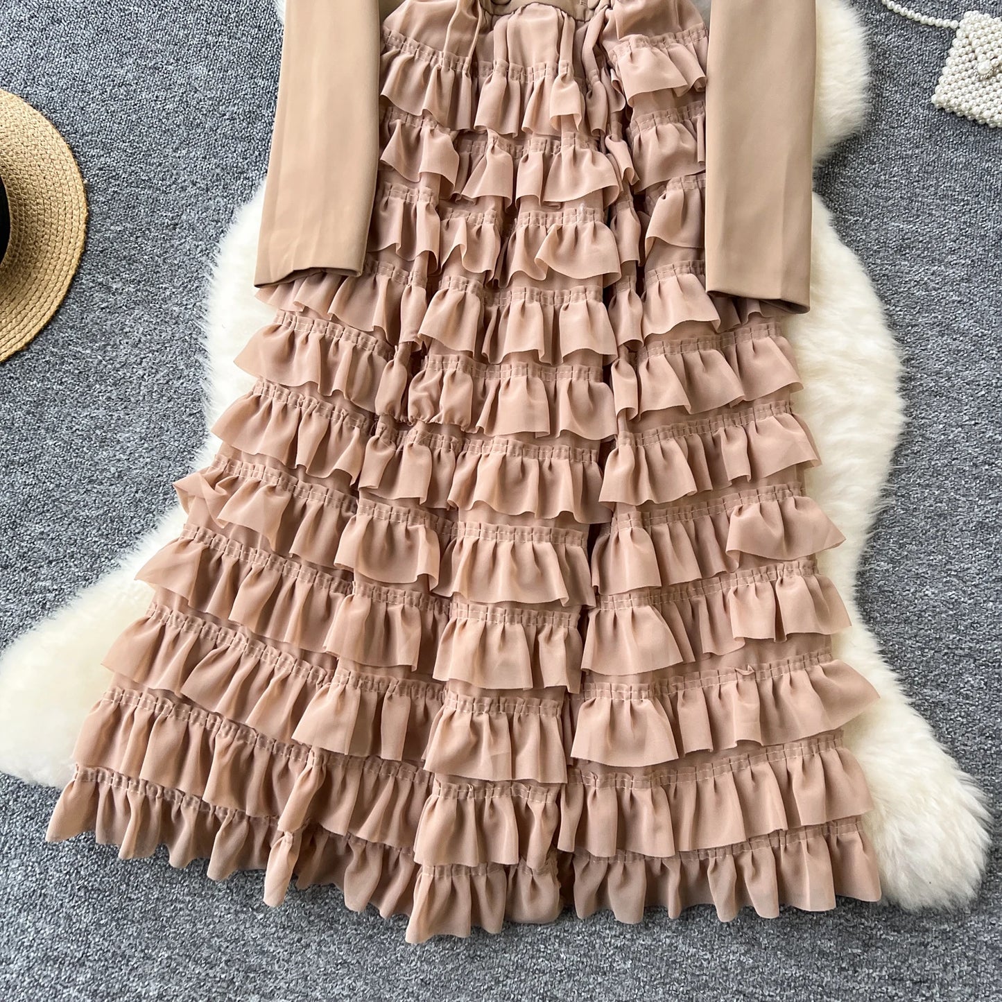 French Vintage Two Pieces Sets Notched lool sleeve mesh sweet A-line Chic PATCHWORK Women Summer dresses
