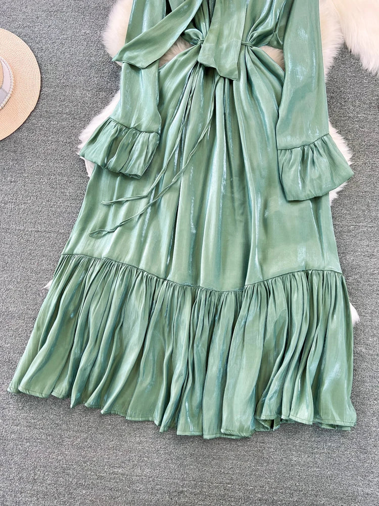 Elegant and Chic Solid Evening Dresses for Women Fashion New Bow Lace Up Flare Long Sleeve A-Line Vestidos Autumn Female Clothes