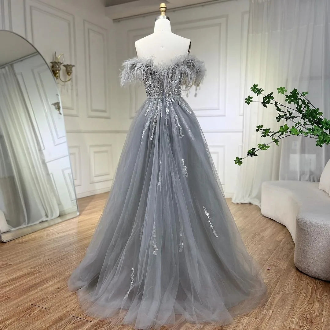 SERENE HILL 2024 Blue Feather Mermaid Luxury Beaded Evening Dresses Overskirt Formal Pink Gowns For Women Wedding Party GLA72061