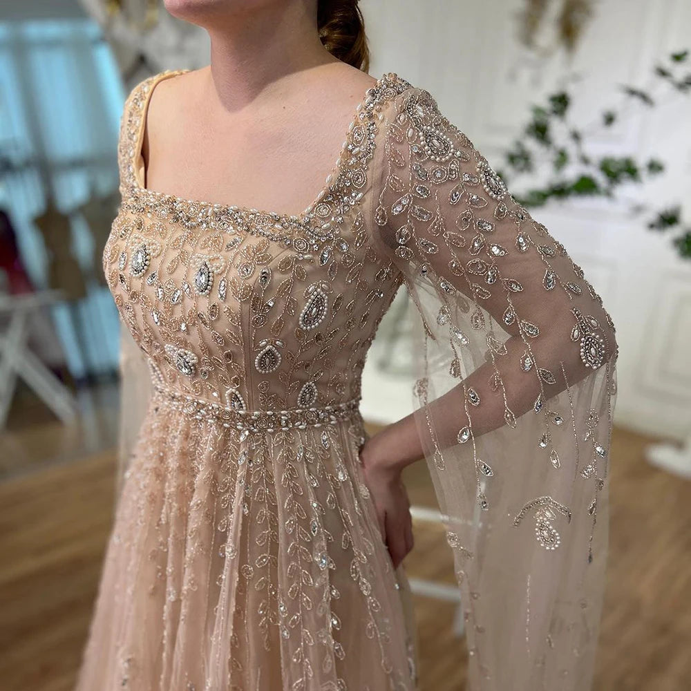 Serene Hill 2024 Muslim Pink A Line Beaded Elegant Cape Sleeve Luxury Evening Dresses Gowns For Women Wedding Party LA71803A