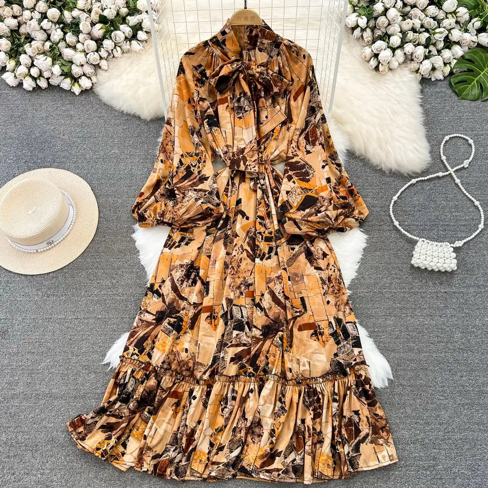 Elegant Casual A-Line Vintage Ruffle Print Long Dress Autumn Lantern Sleeve Party Boho Dresses Beach Holiday Female Vestidos