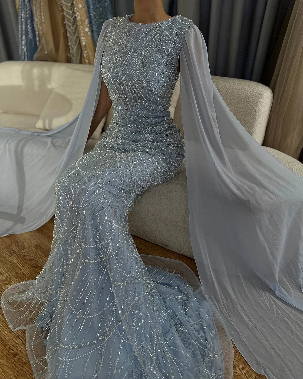 Serene Hill 2024 Saudi Arabia Blue Mermaid Cape Sleeve Luxury Beaded Evening Gown for Formal Occasion LA72160A