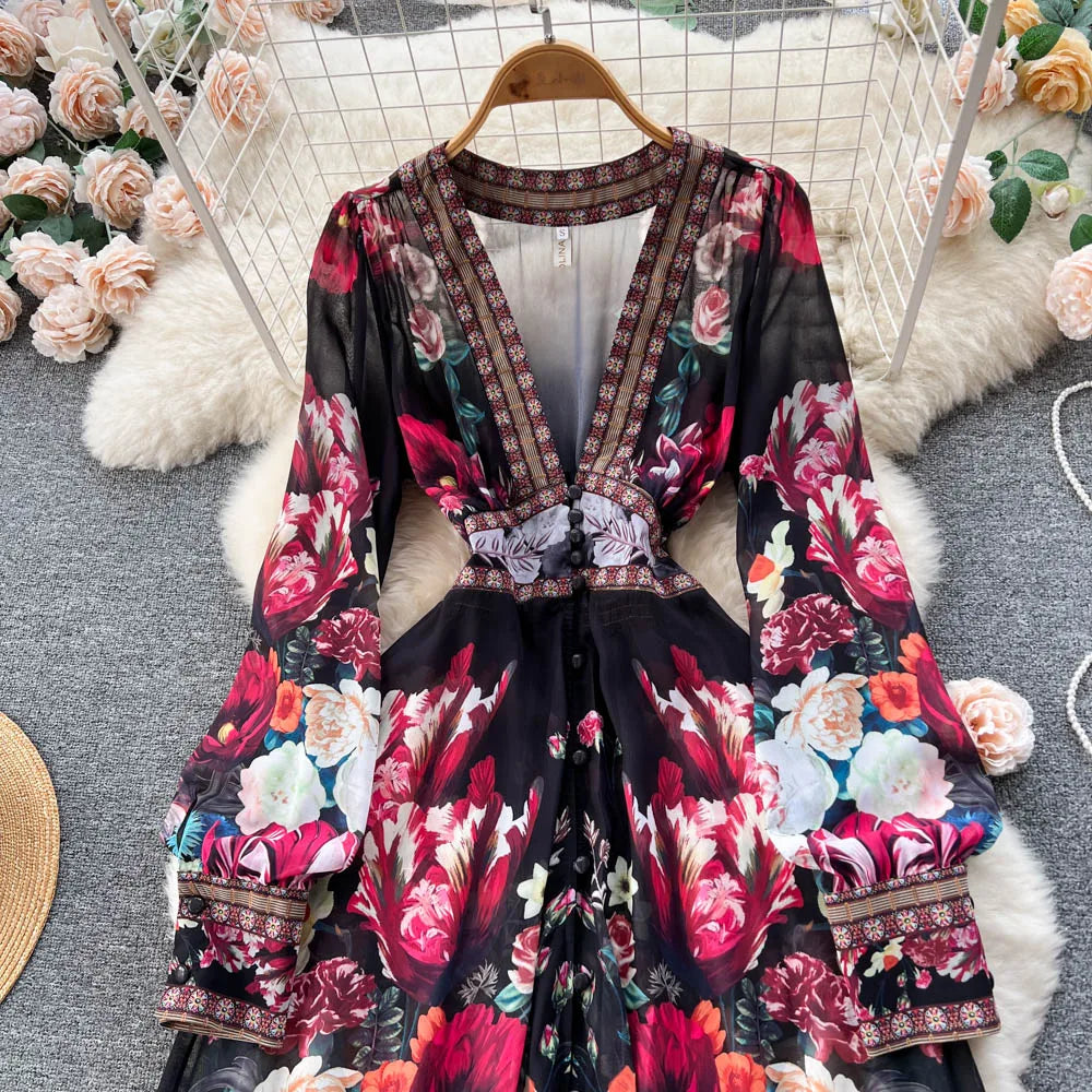 Retro Floral Print Pleated Elegant Chiffon Maxi Dress A-line Mesh V Neck Beach Vacation Party Dress Women Summer Spring Vestidos