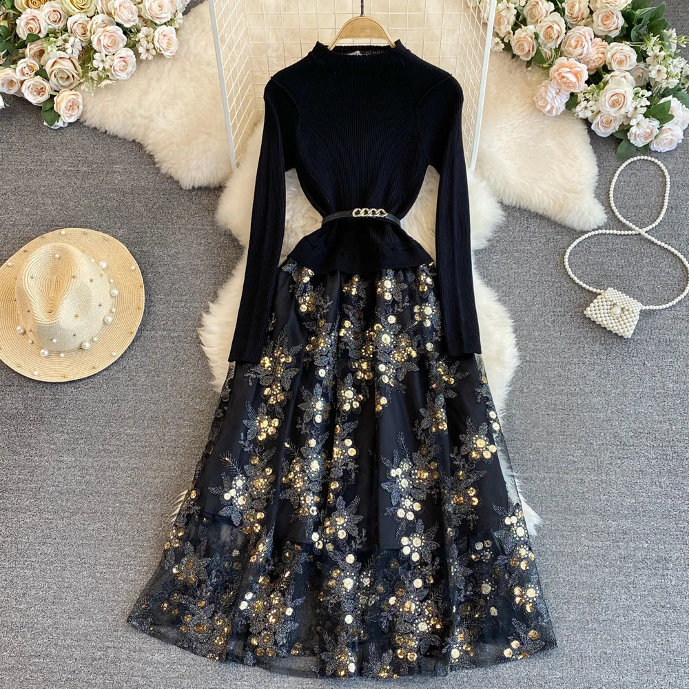 Women Chic Long Sleeve Stand Collar Patchwork A-line Dress Vintage Korean Fashion Knit Vestido Elegant Autumn Winter Knitwear