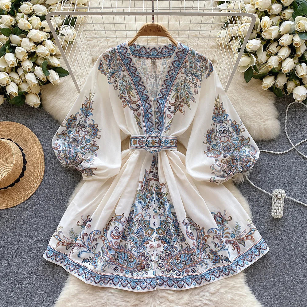 Bohemian Dresses For Women 2024 V Neck 3/4 Sleeve Spring Summer Vacation Mini Dress With Belt Boho Vintage Paisley Print Dress
