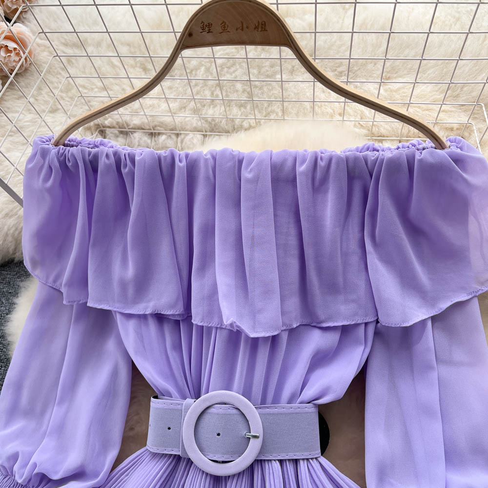 Vintage Pleated Slash Neck Off Shoulder High Waist Dress Long Sleeve Dress Chic Summer Beach Vestidos Women Vacation Sundress