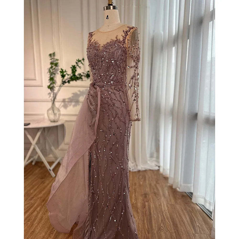 Serene Hill Blue Long Sleevele Elegant Mermaid High Split Evening Dresses 2024 Women Party Gowns with Side Skirt LA72044