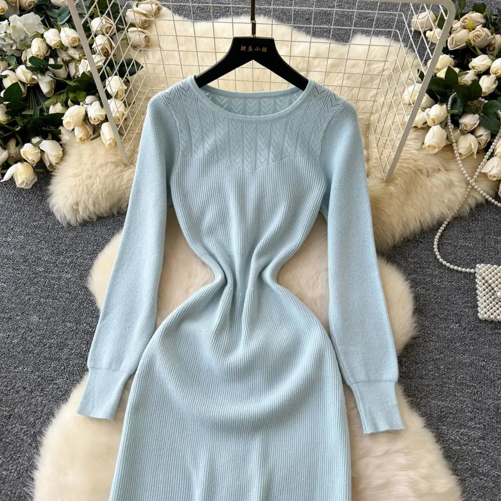 Elegant Solid Knitted Dress for Women Autumn French Vintage O-Neck Long Sleeve Fashion Evening Party Sweater Slim Midi Dresses