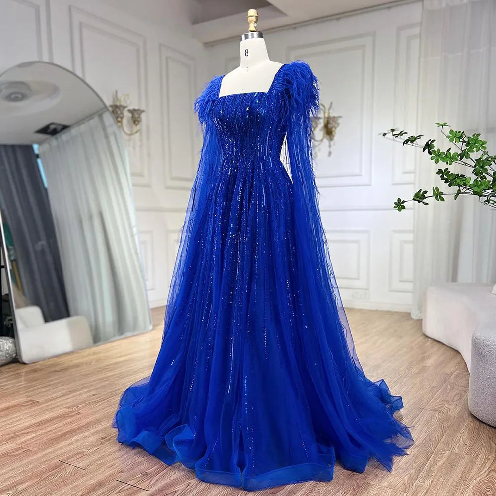 Serene Hill Luxury Dubai A Line Blue Cape Sleeves Feathers Beaded Evening Dresses Gowns 2023 For Women Wedding Party BLA72236