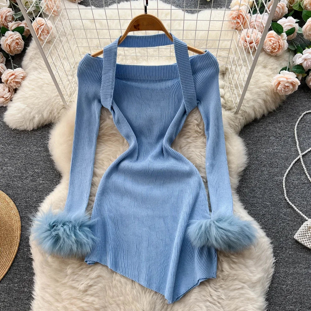 Chic Sexy Halter Bandage Irregular Bodycon Dress Fluffy Long Sleeve Knit Birthday Dress Autumn Winter Pencil Sweater Vestidos